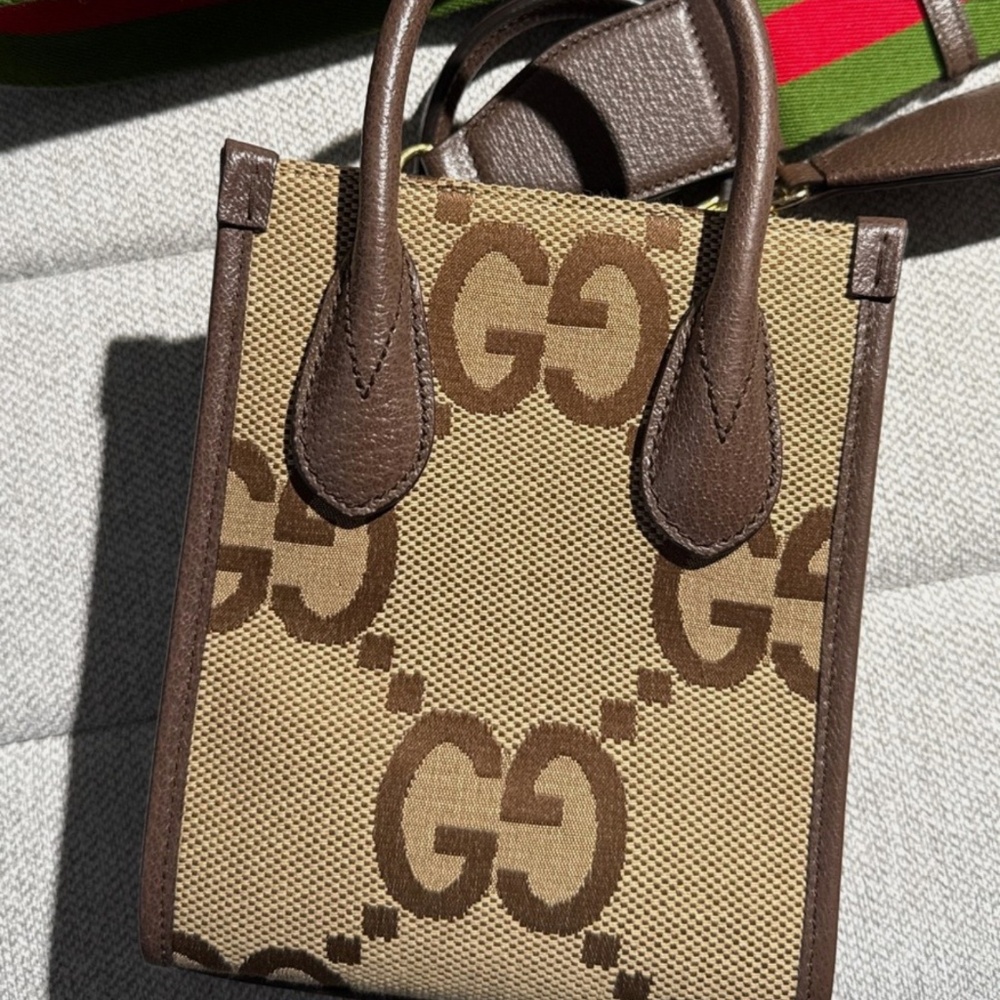 Gucci Monogram Jumbo GG Textured Dollar Web Strap Mini Tote Crossbody